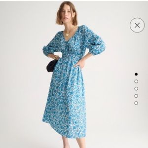 V Neck Midi Dress in Blue Blooms Blockprint